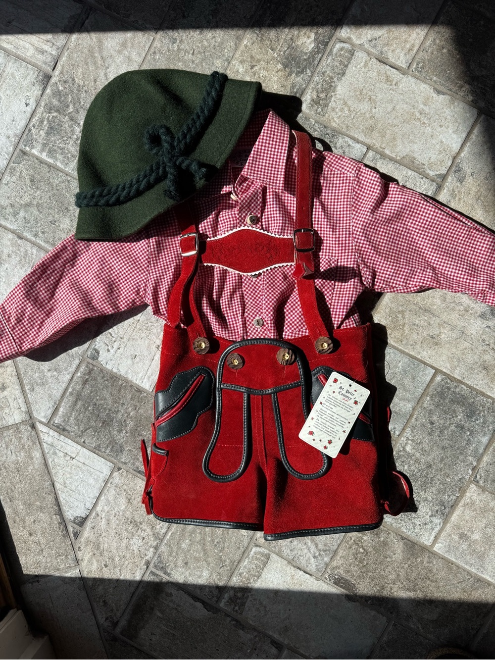 Children's Red Lederhosen-Style Suspender Shorts with Green Hat